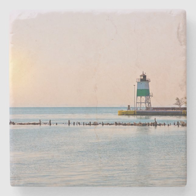 Chicago Harbour Southeast Lighthouse Stone Coaster (Front)