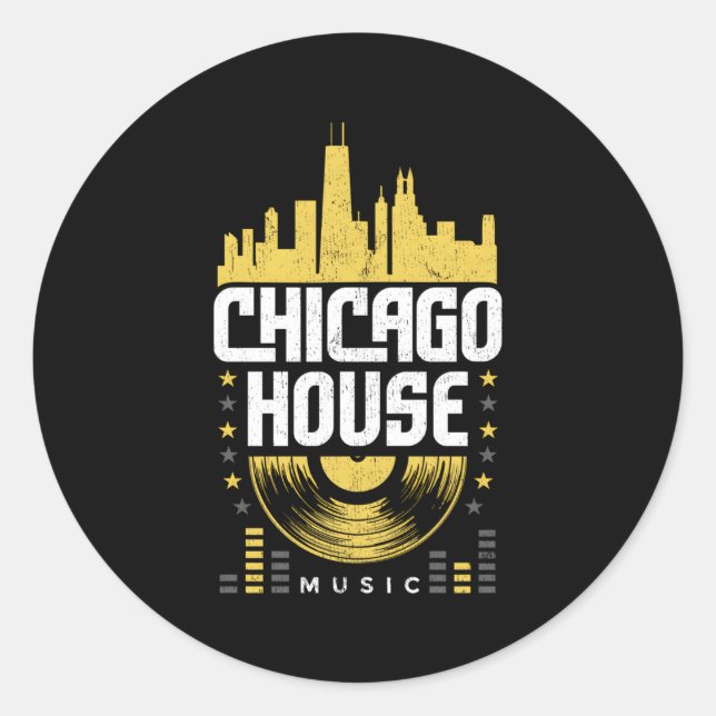 Chicago House Music Vinyl Dj Raver Flag Skyline Classic Round Sticker (Front)