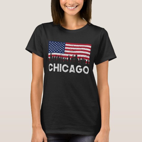 Chicago IL American Flag Skyline Distressed T-Shirt