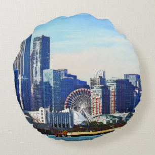 Chicago IL - Chicago Skyline and Navy Pier Round Cushion