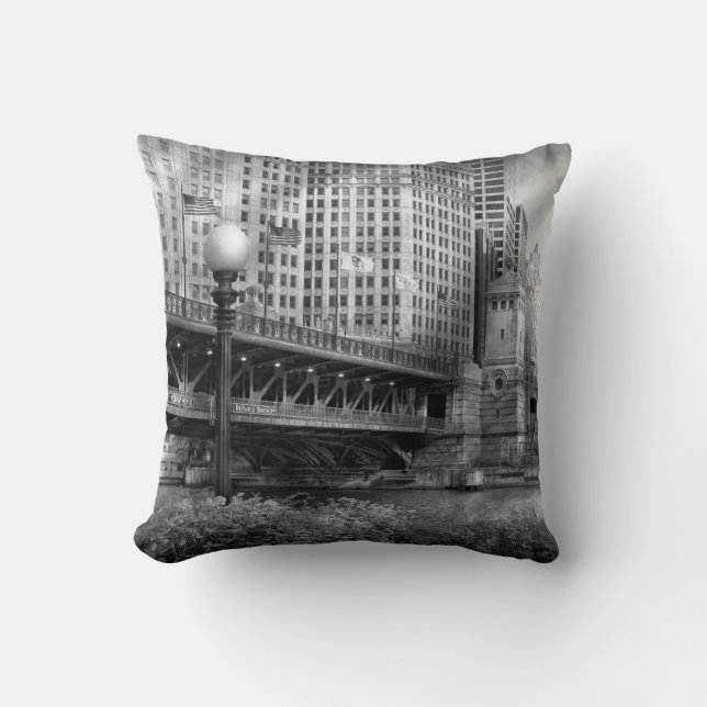 Chicago, IL - DuSable Bridge built in 1920  - BW Cushion (Front)