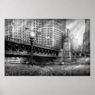 Chicago, IL - DuSable Bridge built in 1920 - BW Poster