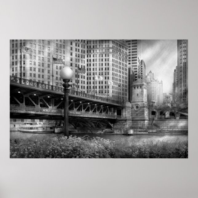 Chicago, IL - DuSable Bridge built in 1920  - BW Poster (Front)