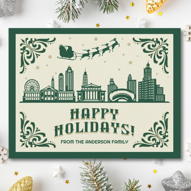 Chicago, IL Skyline Happy Holidays Holiday Postcard (Happy Holidays Chicago, IL skyline cityscape christmas postcard customizable real estate Santa )