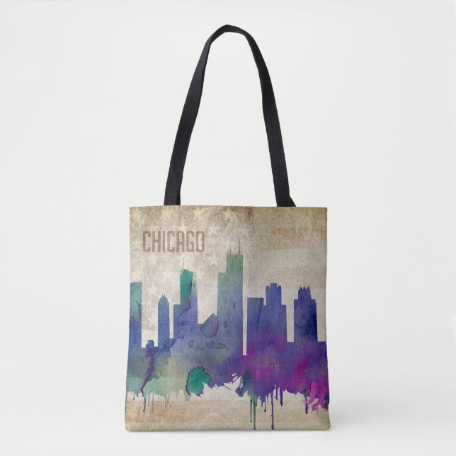Chicago, IL | Watercolor City Skyline Tote Bag (Front)