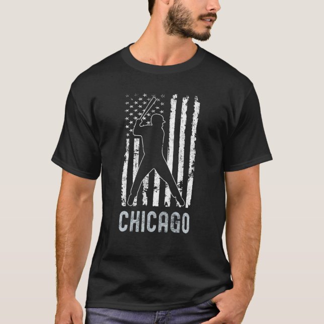 Chicago Illinois American Flag Baseball Weathered T-Shirt (Front)