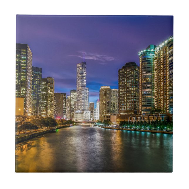 Chicago Illinois at night Tile (Front)