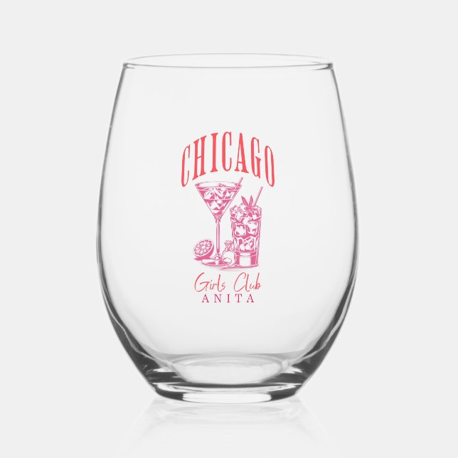 chicago illinois bachelorette party stemless wine glass (Front)