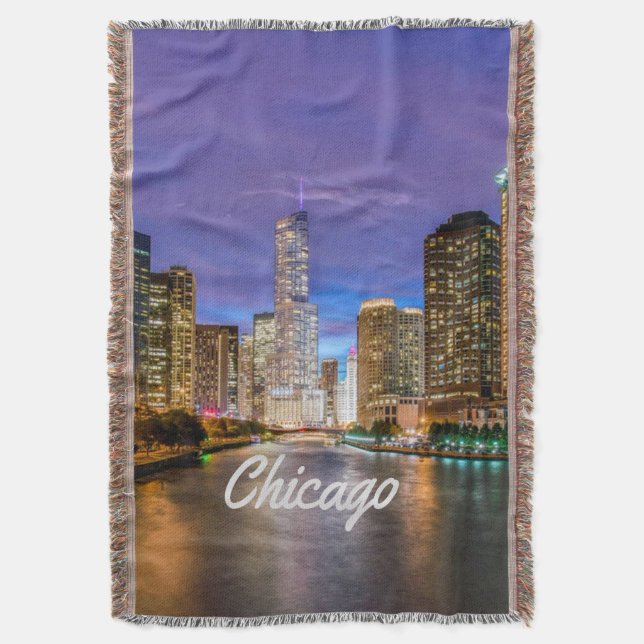 Chicago Illinois City At Night Throw Blanket (Front Vertical)