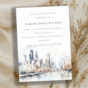 Chicago, Illinois City Scape Watercolor Birthday Invitation