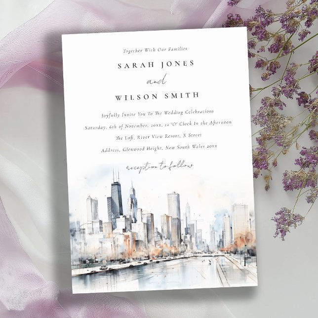 Chicago, Illinois City Scape Watercolor Wedding Invitation (Creator Uploaded)