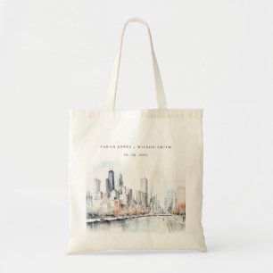 Chicago, Illinois City Scape Watercolor Wedding Tote Bag