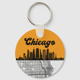 Chicago Illinois City Skyline With Map Key Ring