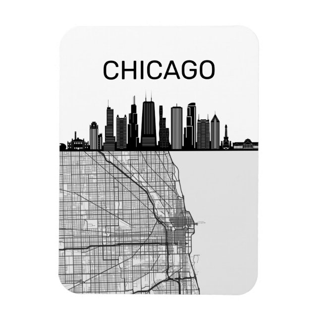 Chicago Illinois City Skyline With Map Magnet (Vertical)
