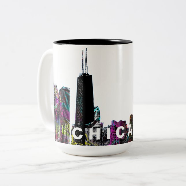Chicago, Illinois in graffiti Two-Tone Coffee Mug (Front Left)