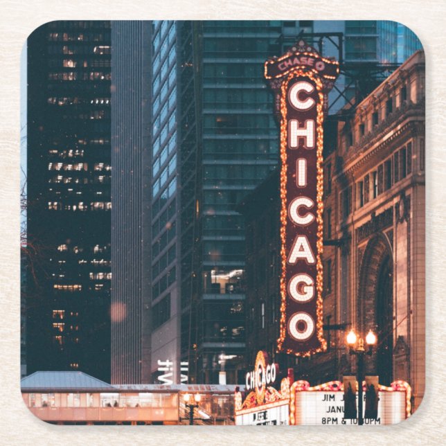 Chicago Illinois Neon Sign At Night Square Paper Coaster (Front)