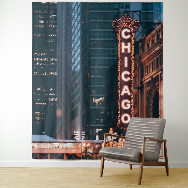 Chicago Illinois Neon Sign At Night Tapestry (In Situ)