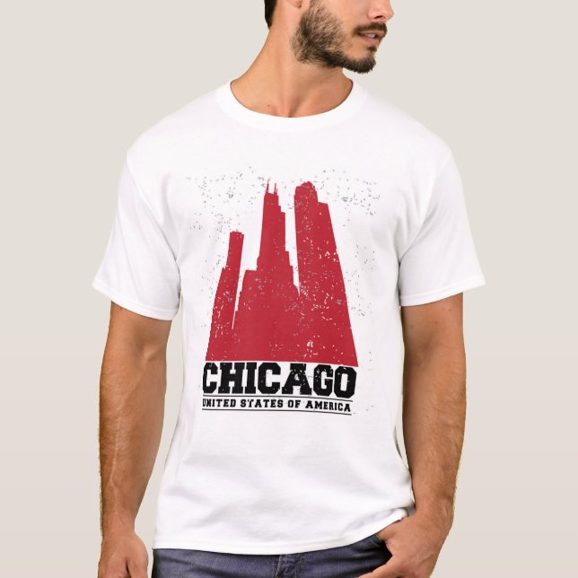 Chicago, Illinois | Red City Skyline T-Shirt (Front)
