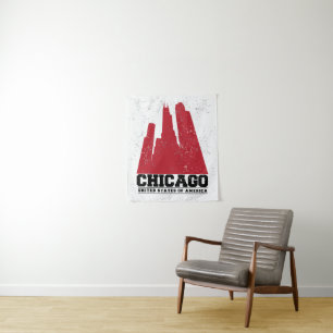 Chicago, Illinois Red City Skyline Tapestry