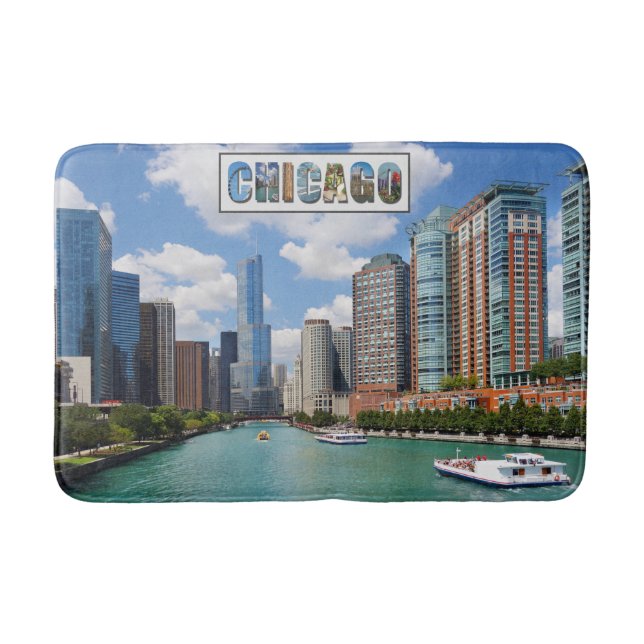 Chicago Illinois River Skyline Travel Photo Bath Mat (Front)