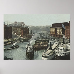 Chicago, Illinois Rush Street at the Chicago River Poster