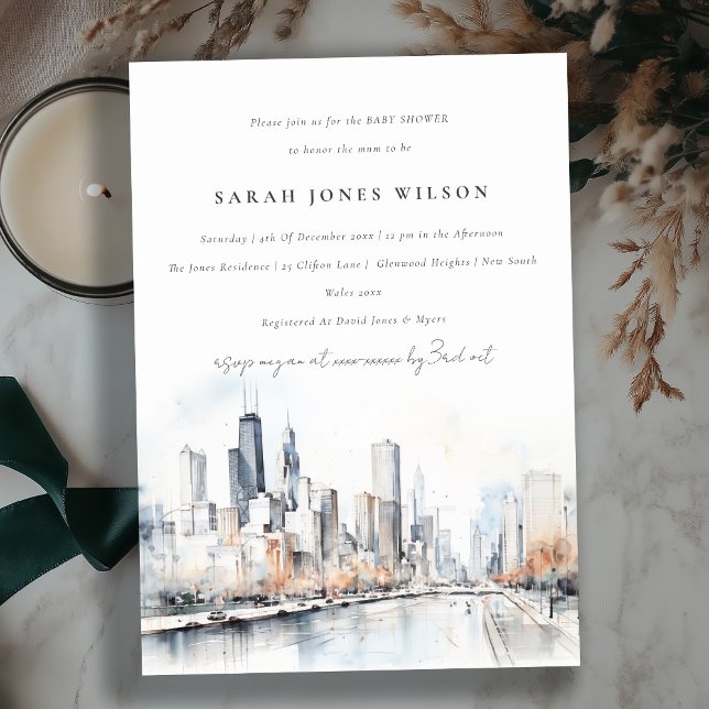 Chicago Illinois Scape Watercolor Baby Shower Invitation (Creator Uploaded)