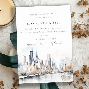 Chicago Illinois Scape Watercolor Bridal Shower Invitation