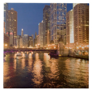 Chicago, Illinois, Skyline and Chicago River at 2 Ceramic Tile