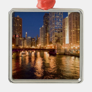 Chicago, Illinois, Skyline and Chicago River at 2 Metal Ornament