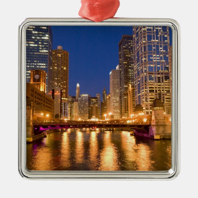 Chicago, Illinois, Skyline and Chicago River at Metal Ornament (Front)