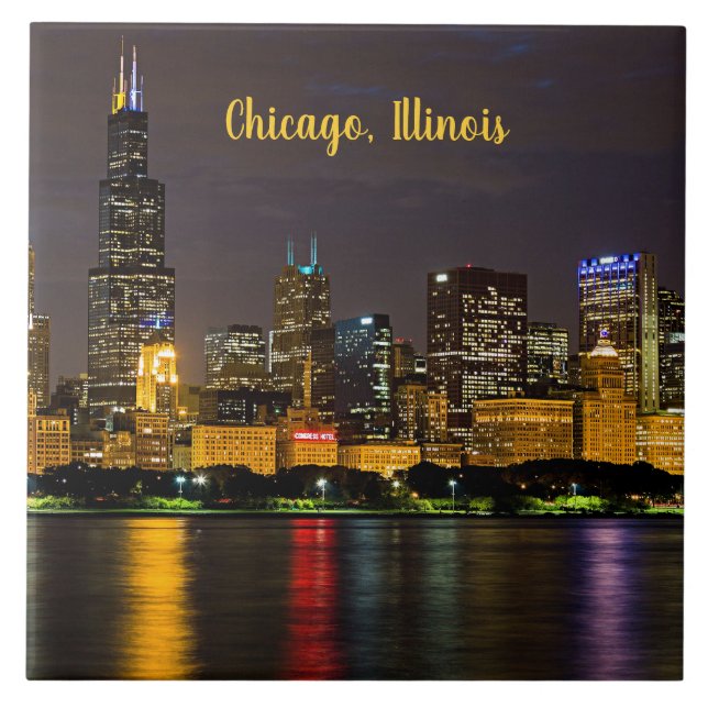 Chicago, Illinois Skyline at Night Ceramic Tile (Front)