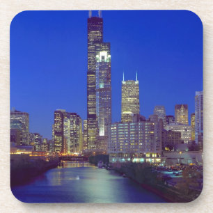 Chicago, Illinois, Skyline at night with Chicago Coaster