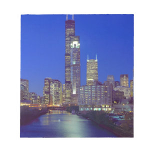 Chicago, Illinois, Skyline at night with Chicago Notepad