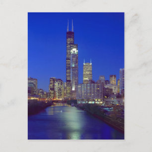 Chicago, Illinois, Skyline at night with Chicago Postcard