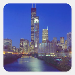 Chicago, Illinois, Skyline at night with Chicago Square Sticker