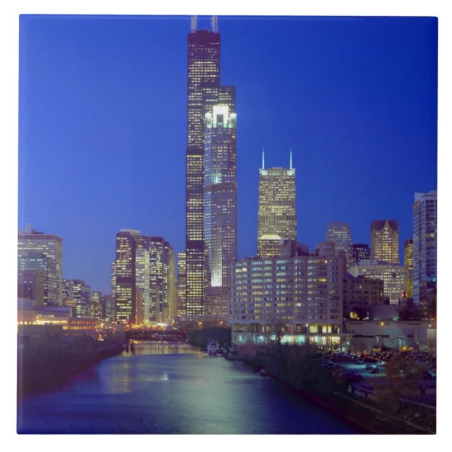 Chicago, Illinois, Skyline at night with Chicago Tile (Front)