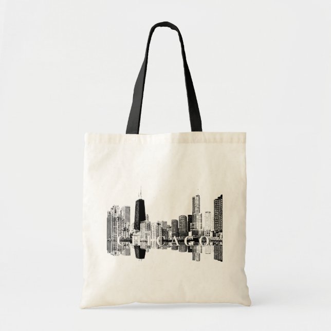 Chicago, Illinois skyline in black ink Tote Bag (Front)