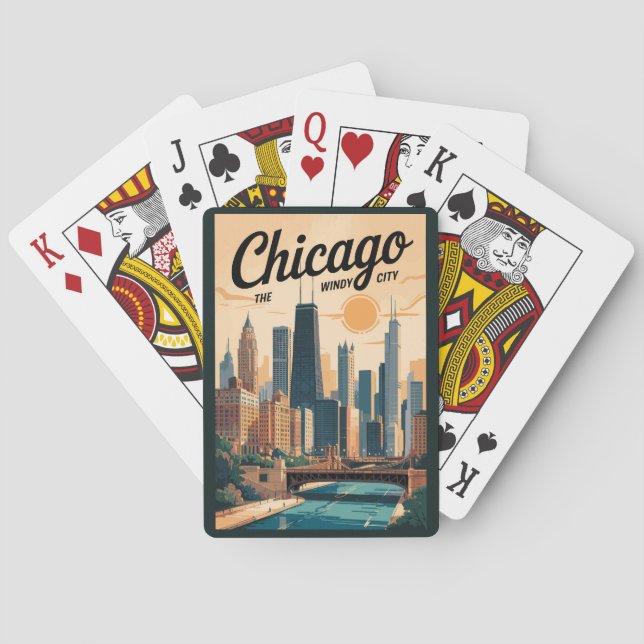 Chicago Illinois Skyline Travel Art Vintage Playing Cards (Back)