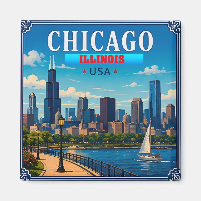 🌆 Chicago Illinois Skyline Vacation Memory Magnet (Front)