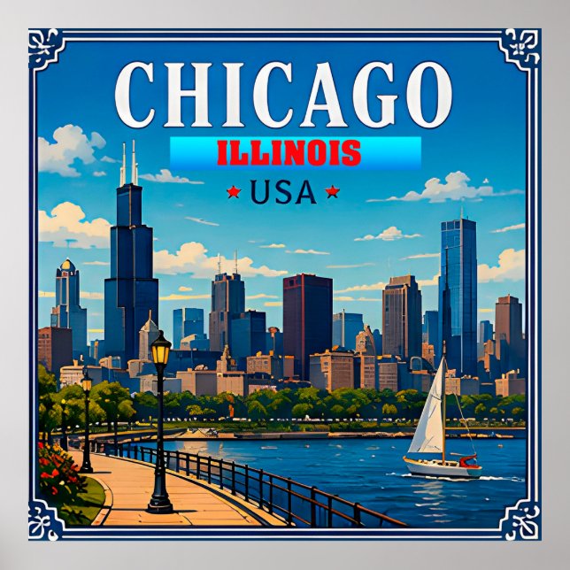 🌆 Chicago Illinois Skyline Vacation Memory Poster (Front)