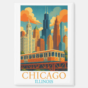 Chicago Illinois Skyline Vintage Art Travel Magnet