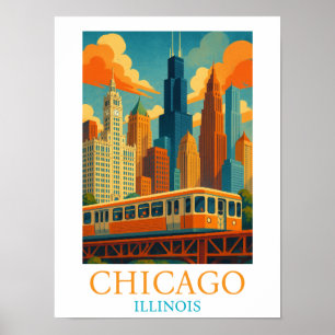 Chicago Illinois Skyline Vintage Art Travel Poster