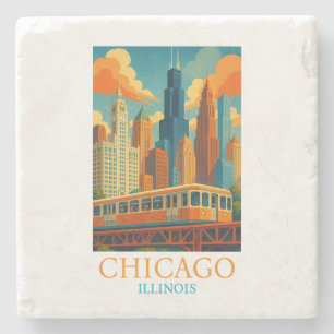 Chicago Illinois Skyline Vintage Art Travel Stone Coaster