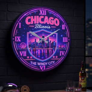 Chicago Illinois Skyline Windy City Neon Large Clock