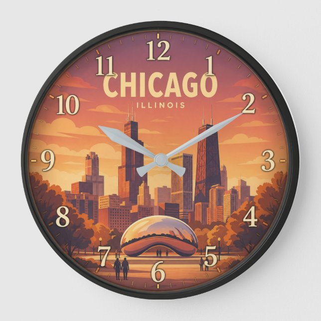 Chicago Illinois Sunset Skyline  Large Clock (Front)