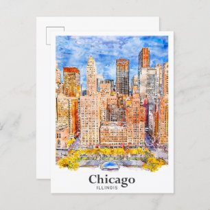 Chicago Illinois Travel Watercolor Hand Drawn Postcard