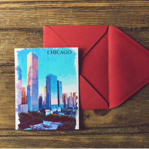 Chicago Illinois Watercolor Illustration Postcard