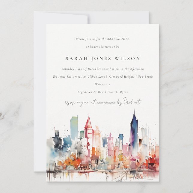 Chicago Illinois Watercolor Landscape Baby Shower Invitation (Front)