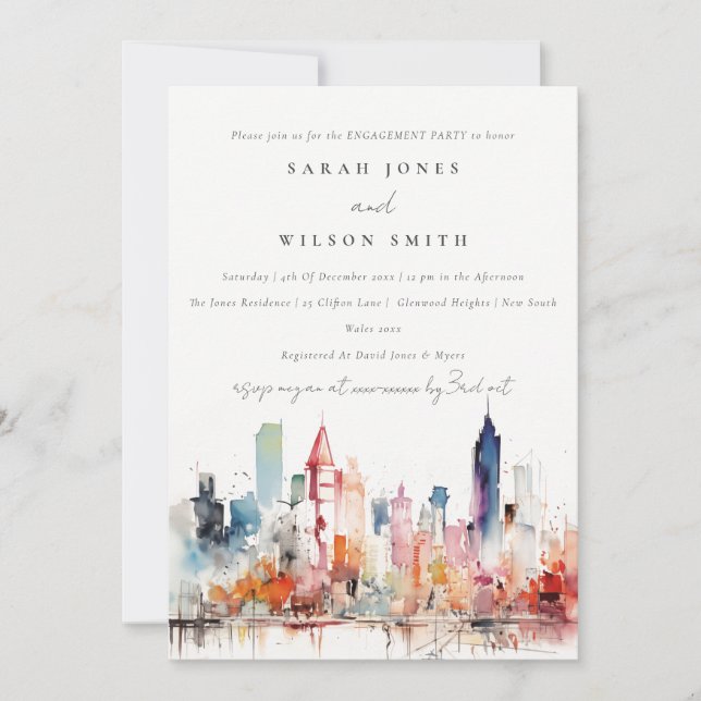 Chicago Illinois Watercolor Landscape Engagement Invitation (Front)