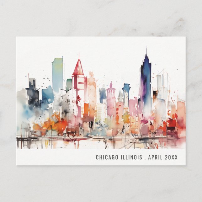 Chicago Illinois Watercolor Landscape Travel Postcard (Front)